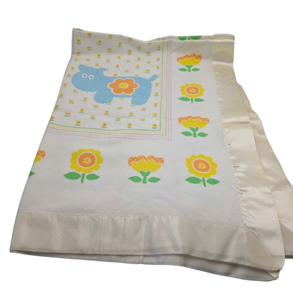 Vintage Crib Blanket 36x50 Satin Trim Animal Floral Elephant Duck Cotton Blend